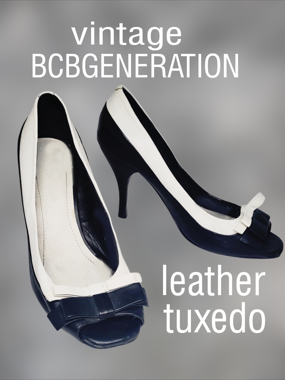 BCBGGeneration Vintage Leather Peep-Toe Tuxedo Bow Accent Heels